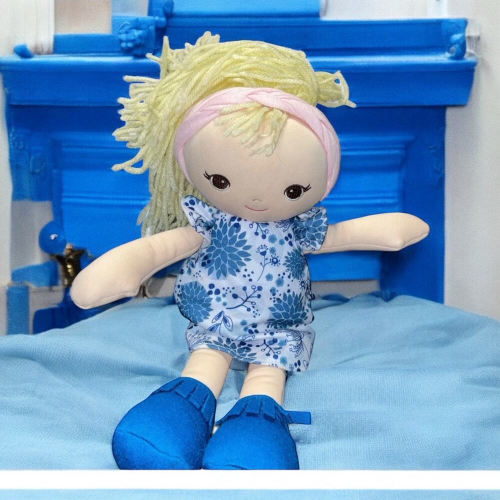 Baby Gund Toddler Doll 13" Plush Blue Floral Dress Embroidered Nursery Decor